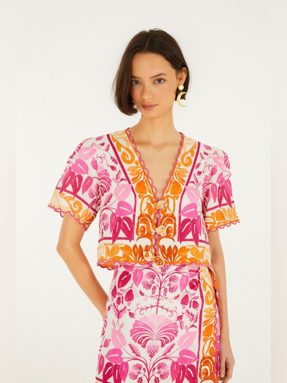 FARM RIO Off-White Santorini Short Sleeve Euroflax Premium Linen Top